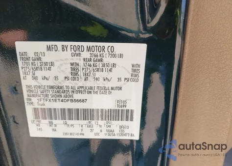 2013 Ford F-150 Lariat from USA, damaged, VIN 1FTFX1ET4DFB56687